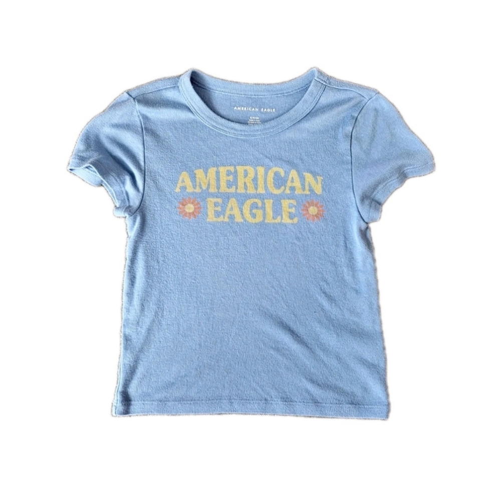 Women's American Eagle Blue Baby Tee Logo‎ Flower Summer Cropped Size Small